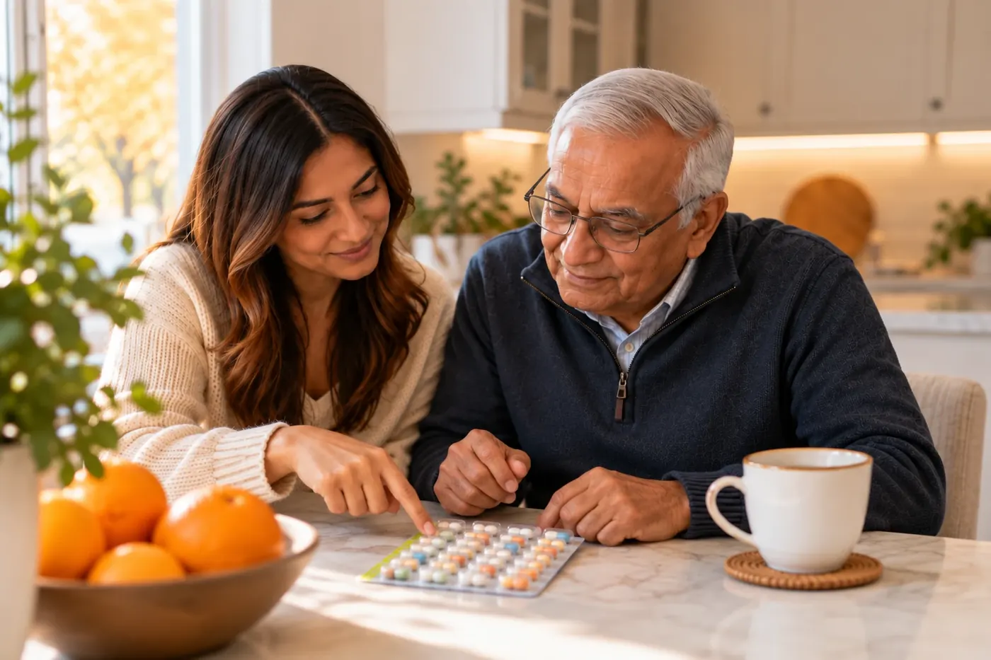 Adult daughter going through her father's weekly blister pack with him at the kitchen table