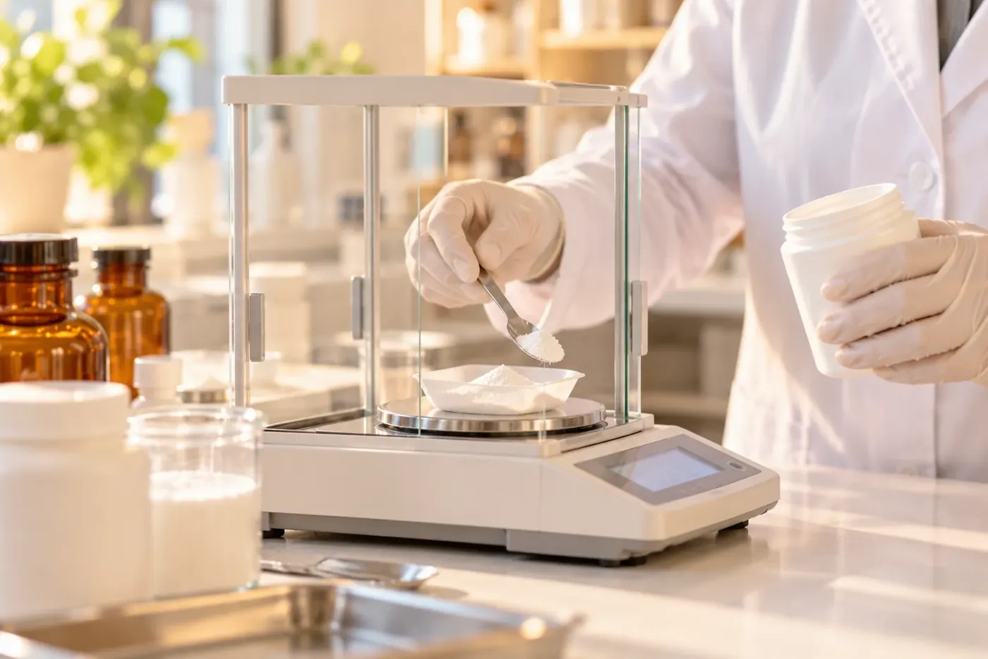 Gloved hands measuring powder on a precision scale in a compounding lab