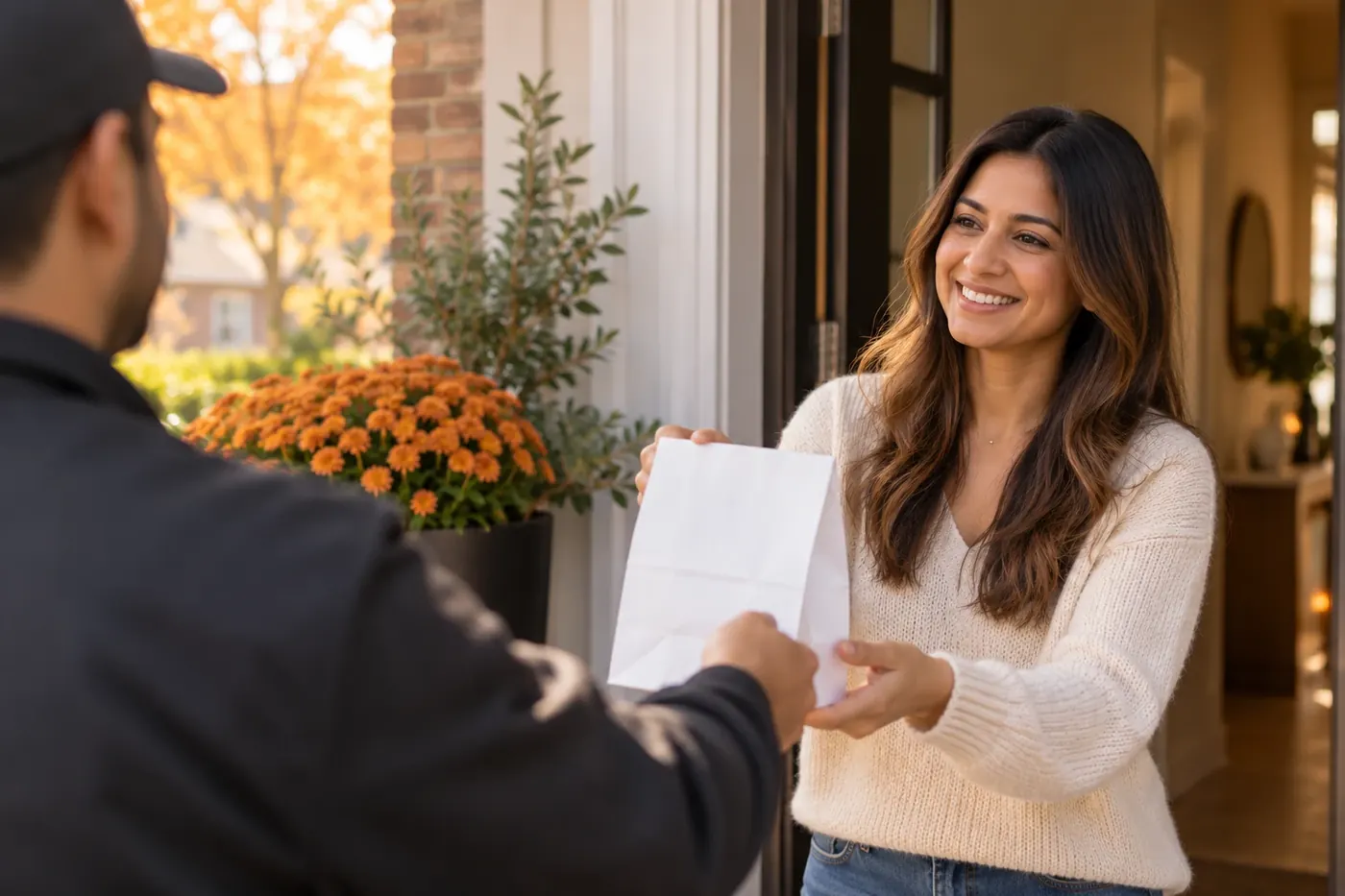 Woman smiling as she receives a prescription delivery at her front door