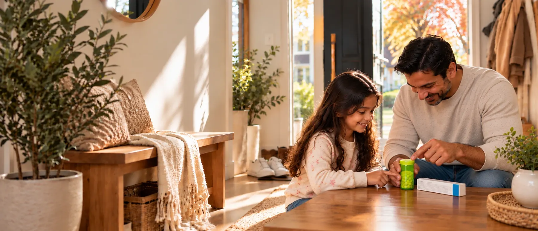 Father and daughter looking at a newly delivered prescription together at home