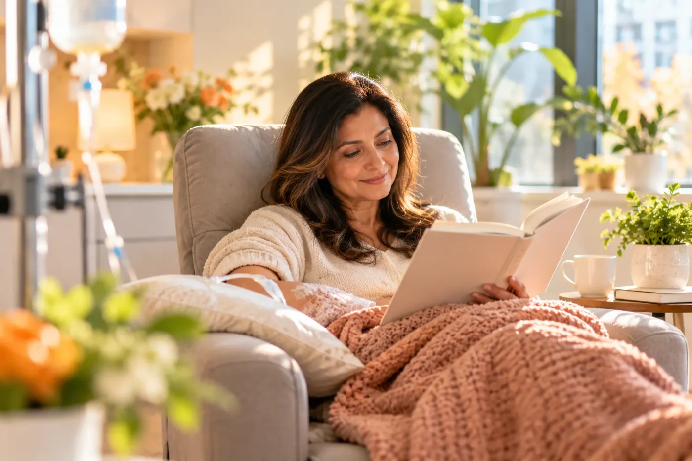 Woman relaxing with a book in a comfortable recliner during an infusion