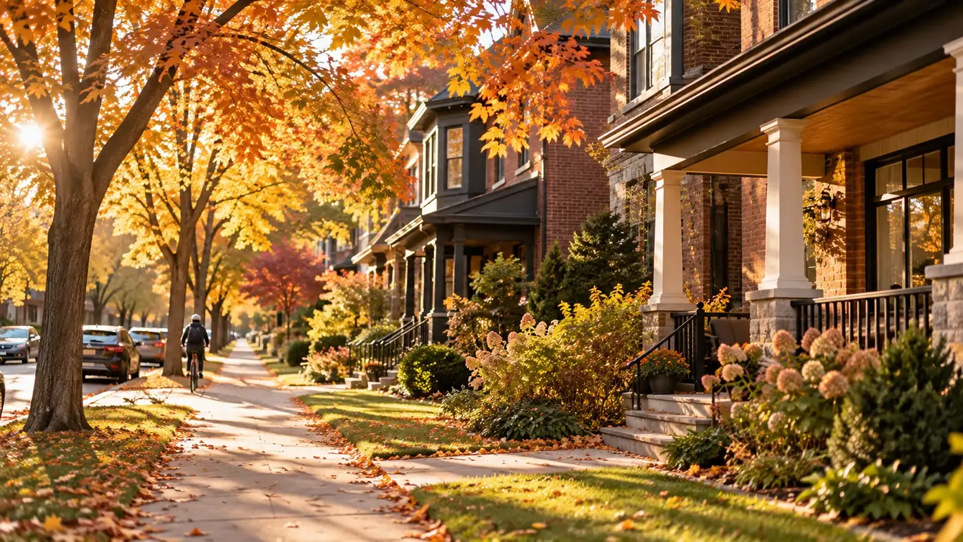 Tree-lined residential street with autumn leaves and front porches