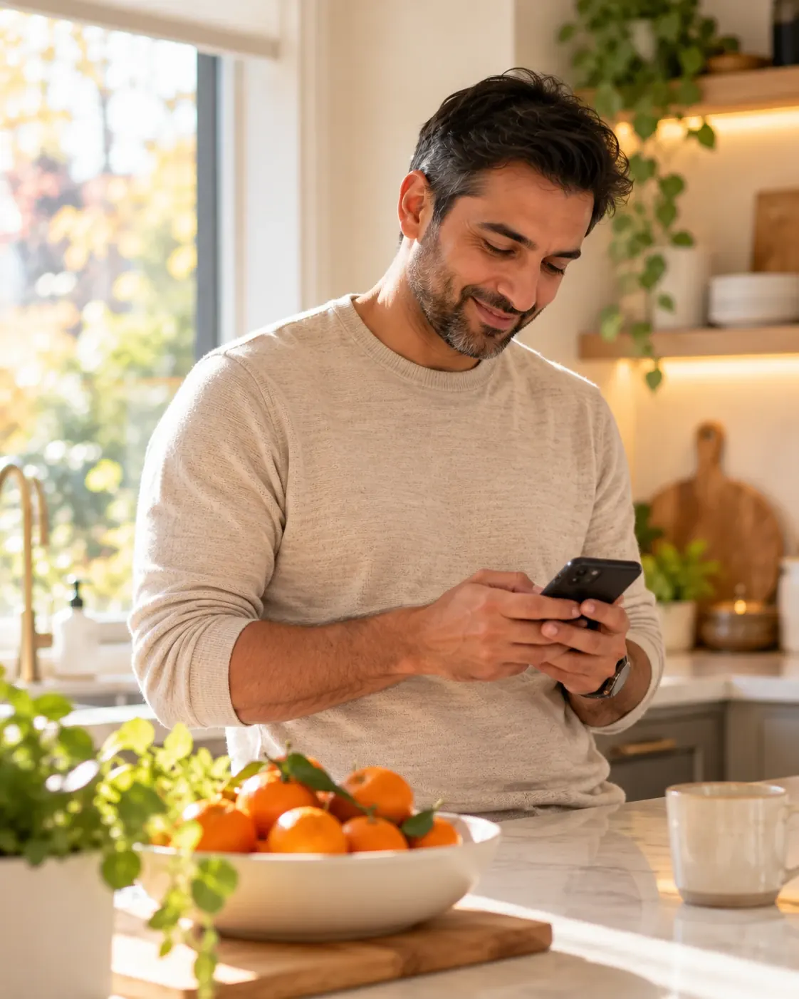 Man in his kitchen texting the pharmacy on his phone